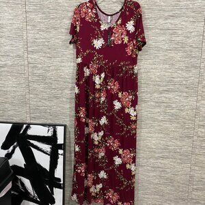 D.B. Moon Womens Burgundy Floral Maxi Dress With Short Sleeves & Scoop Neck - 2X
